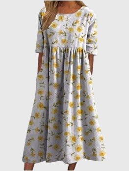 Floral Linen Midi Dress – Empire Waist A-Line with Pockets