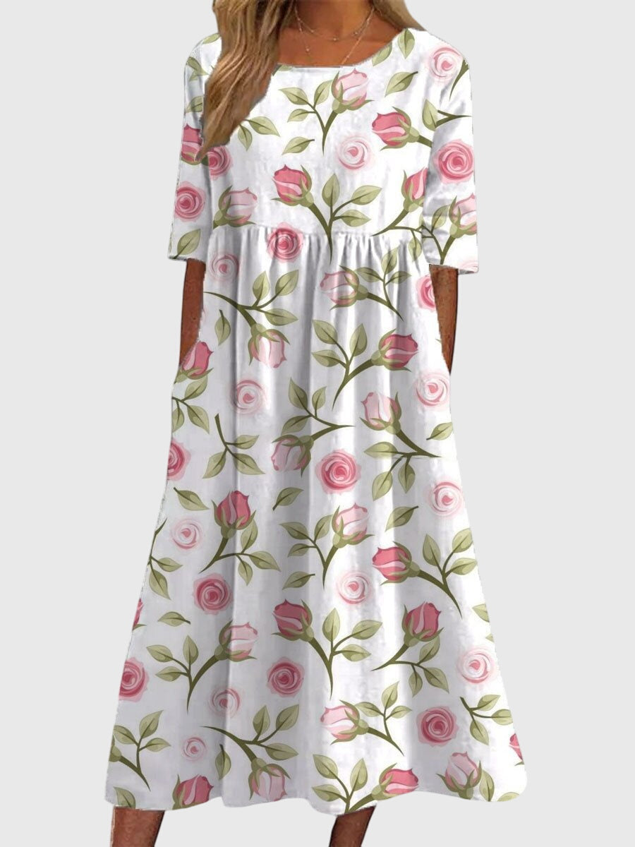Floral Linen Midi Dress – Empire Waist with Pockets – Elixy Supply