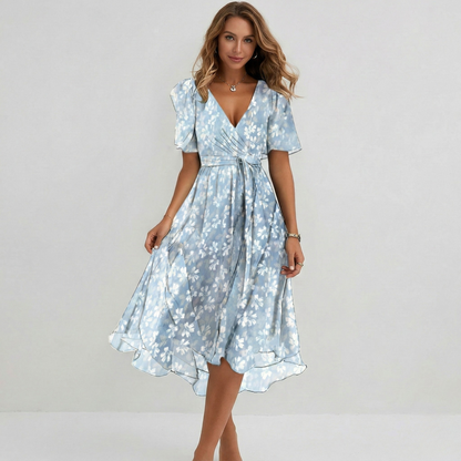 Floral Print Wrap Midi Dress – A-Line V-Neck Short Sleeve