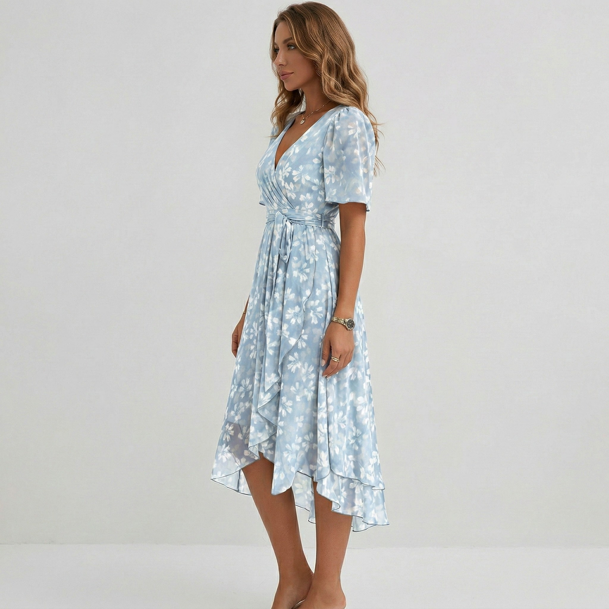 Floral Print Wrap Midi Dress – A-Line V-Neck Short Sleeve