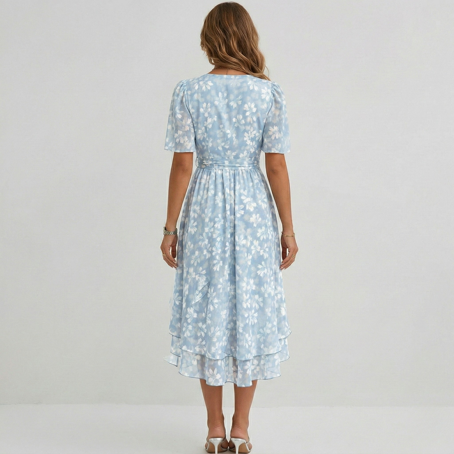 Floral Print Wrap Midi Dress – A-Line V-Neck Short Sleeve