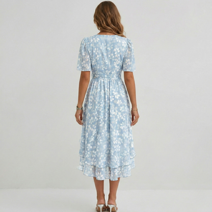 Floral Print Wrap Midi Dress – A-Line V-Neck Short Sleeve