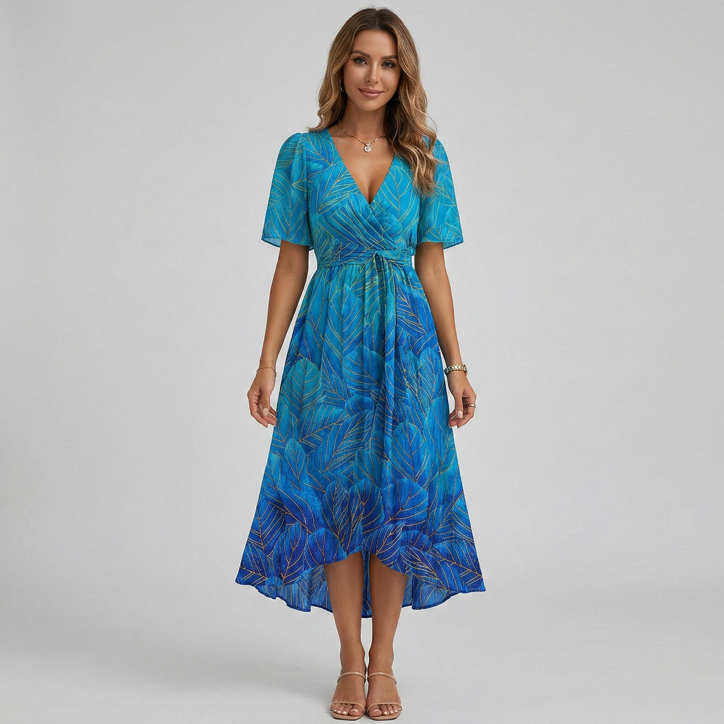 Floral Print Wrap Midi Dress – A-Line V-Neck Short Sleeve