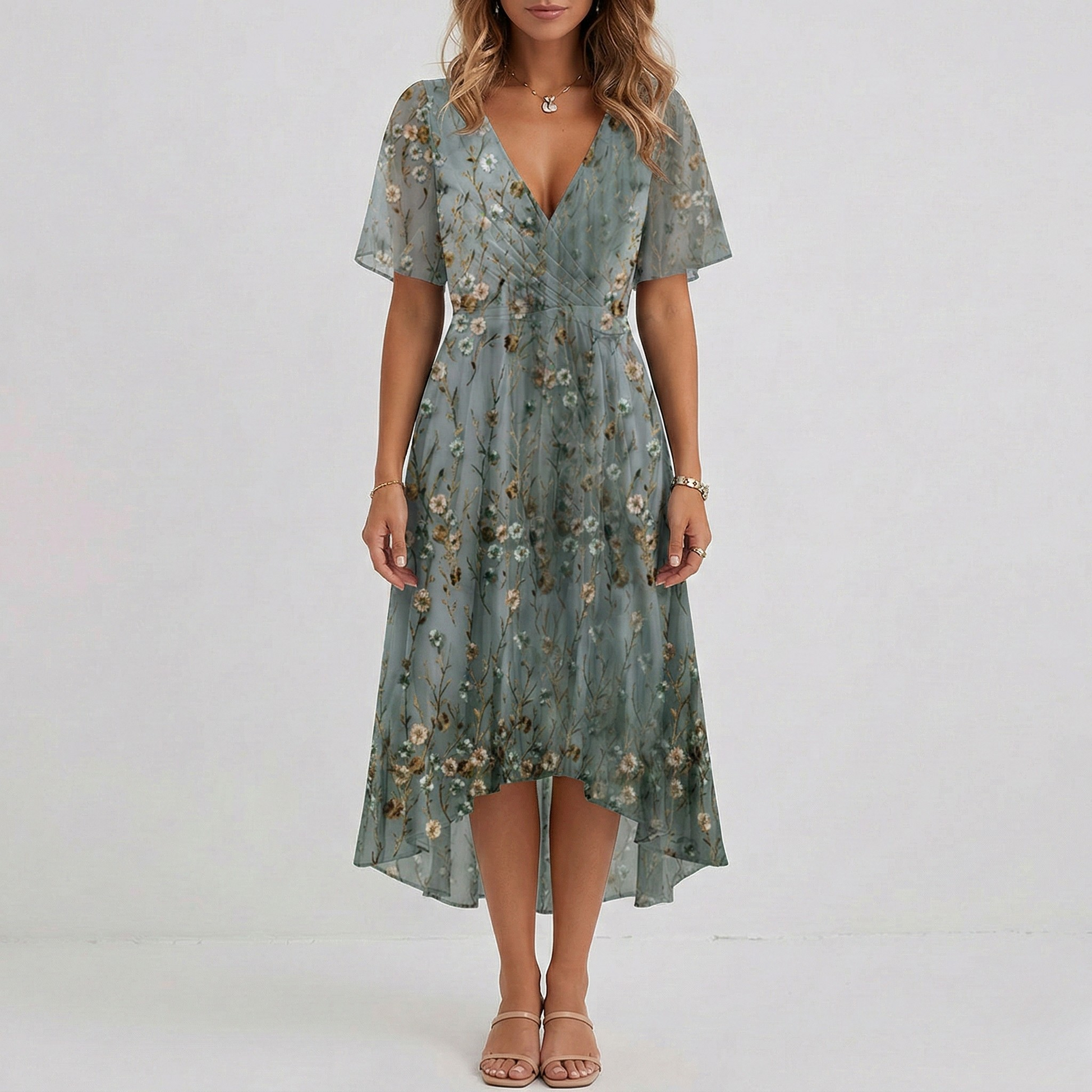 Floral Print Wrap Midi Dress – A-Line V-Neck Short Sleeve