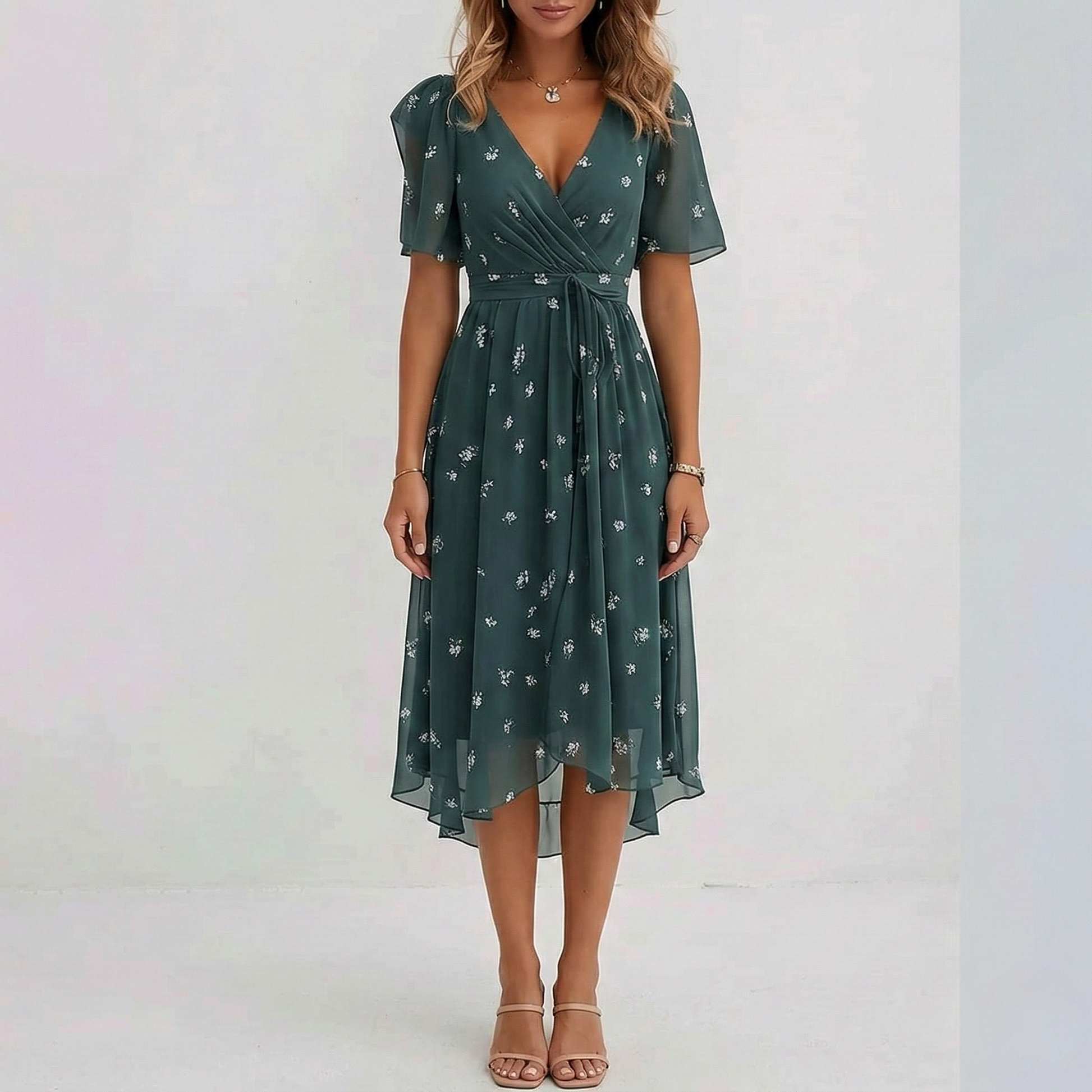 Floral Print Wrap Midi Dress – A-Line V-Neck Short Sleeve