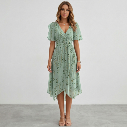 Floral Print Wrap Midi Dress – A-Line V-Neck Short Sleeve