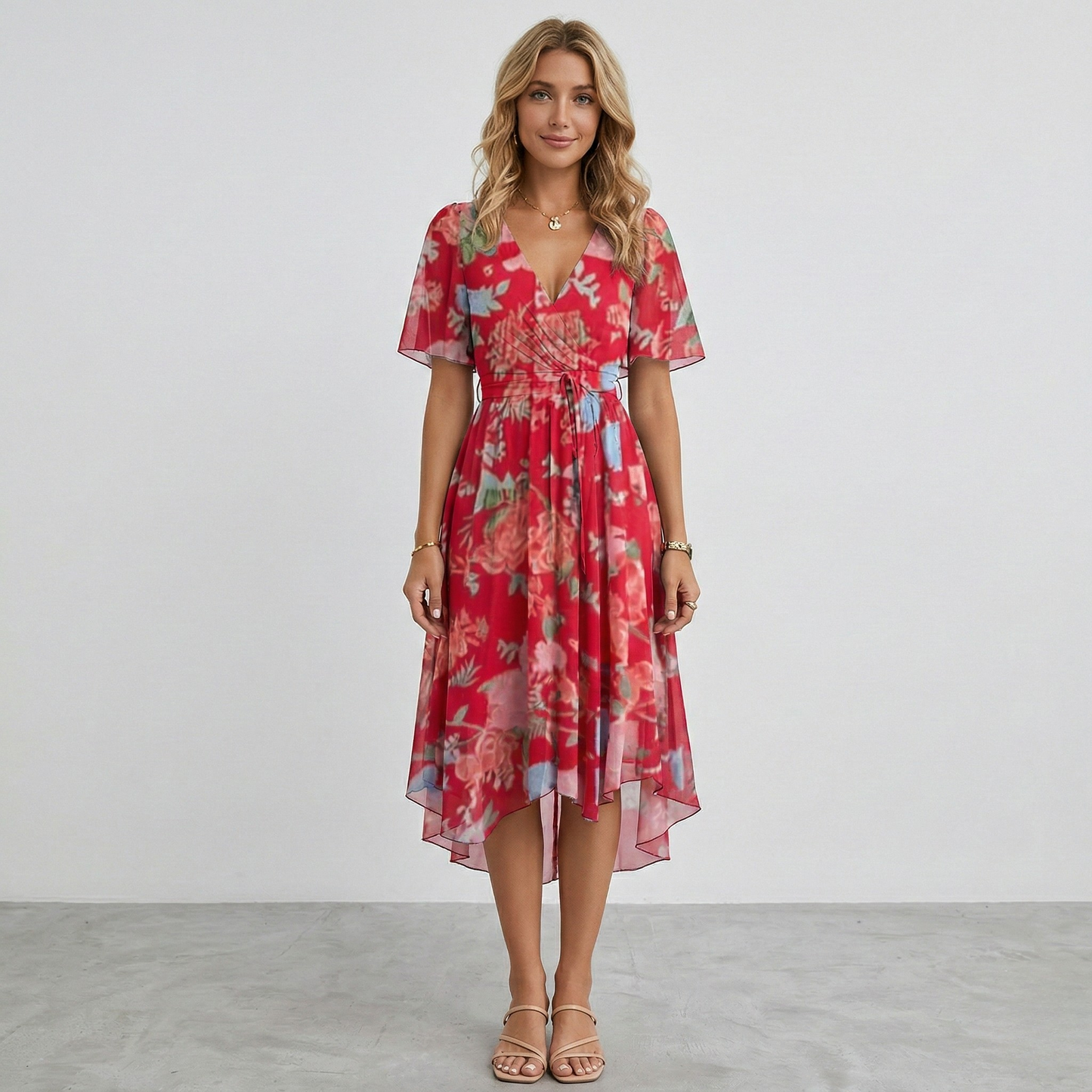 Floral Print Wrap Midi Dress – A-Line V-Neck Short Sleeve
