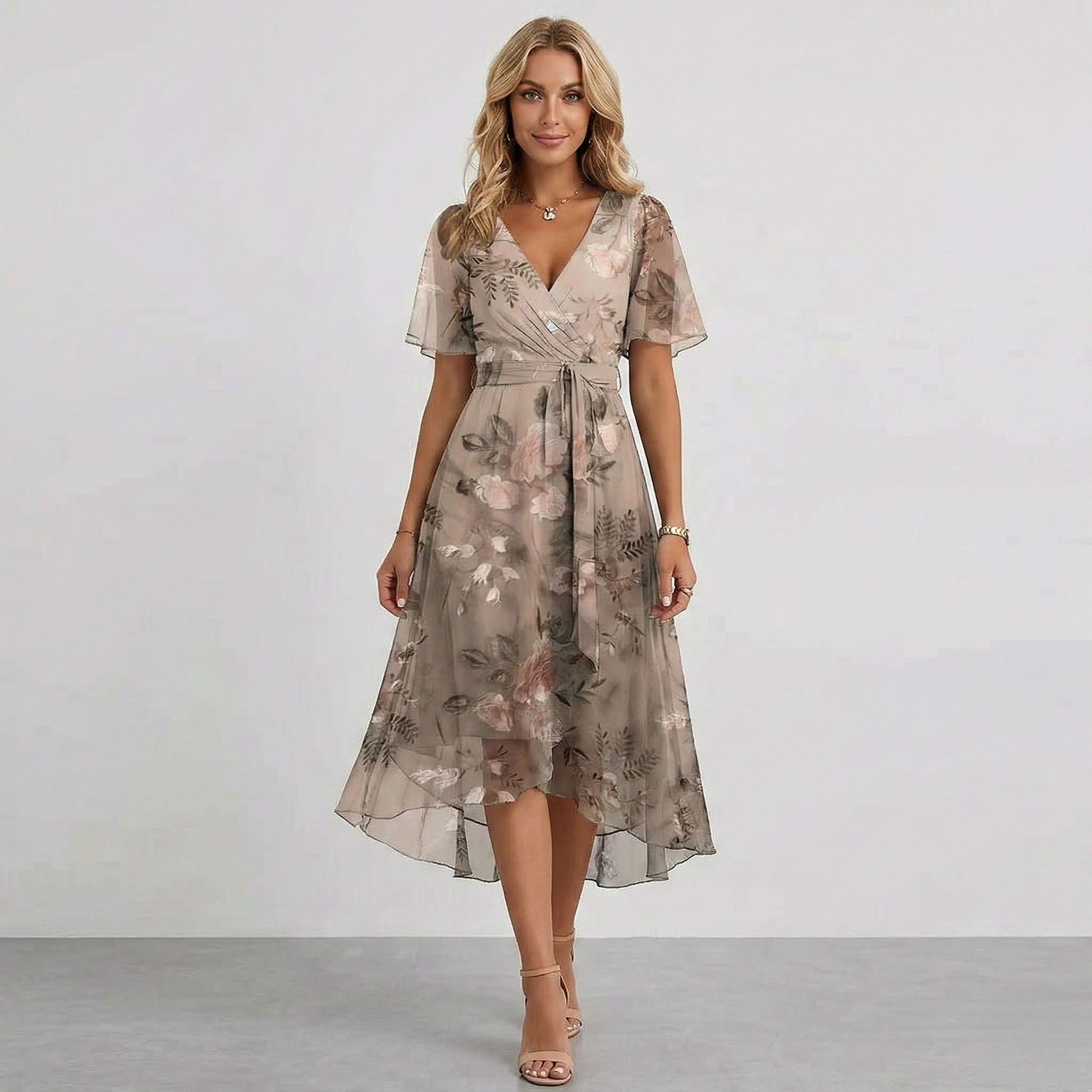 Floral Print Wrap Midi Dress – A-Line V-Neck Short Sleeve