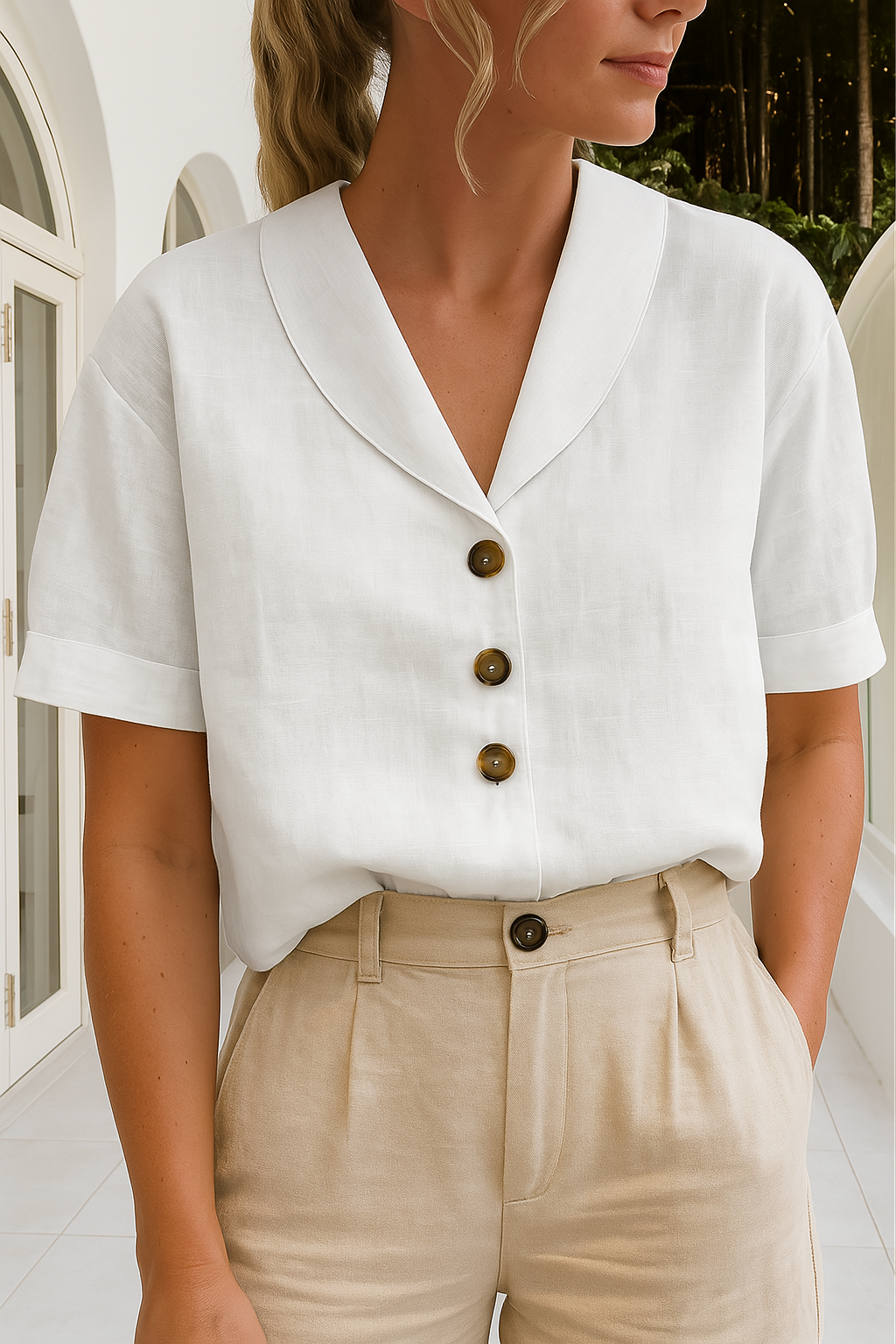 Shawl Collar Button-Front Blouse – Short Sleeve Relaxed Fit