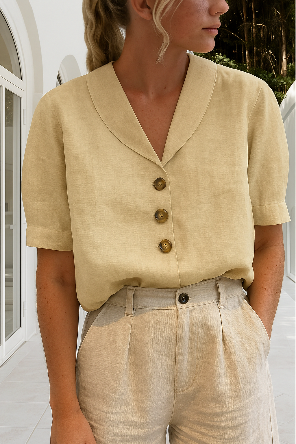 Shawl Collar Button-Front Blouse – Short Sleeve Relaxed Fit