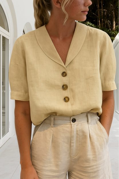 Shawl Collar Button-Front Blouse – Short Sleeve Relaxed Fit