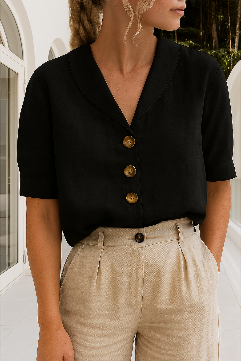 Shawl Collar Button-Front Blouse – Short Sleeve Relaxed Fit