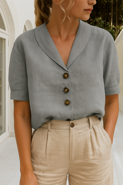 Shawl Collar Button-Front Blouse – Short Sleeve Relaxed Fit