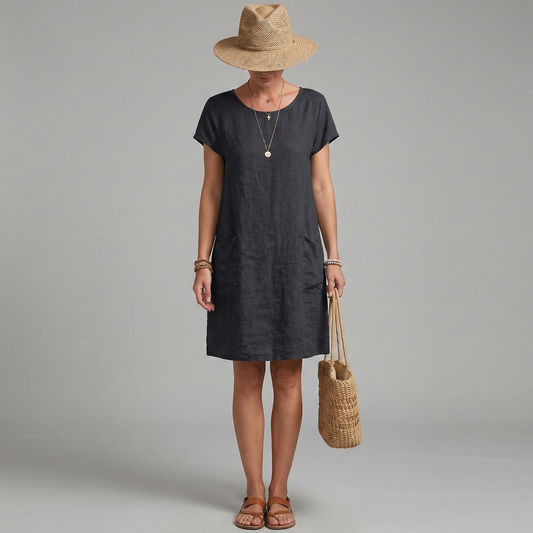 Linen Shift Dress – Short Sleeve Round Neck with Pockets