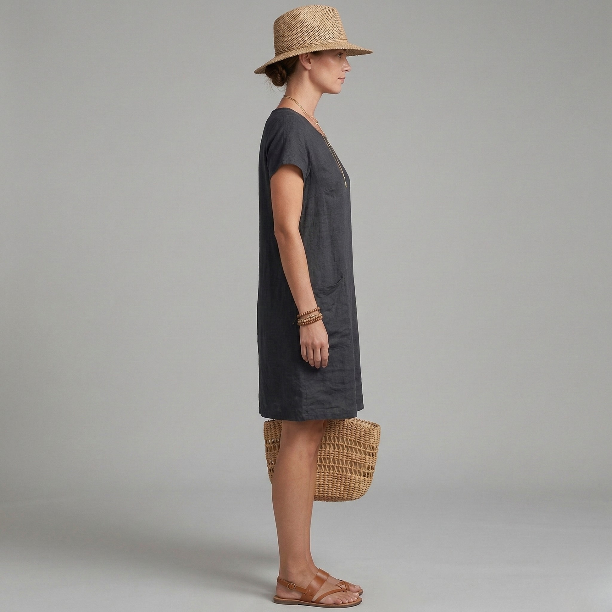 Linen Shift Dress – Short Sleeve Round Neck with Pockets