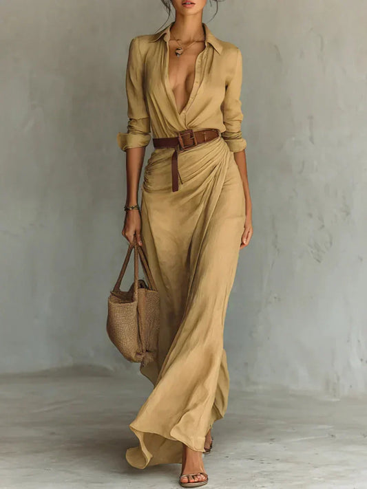 Button-Front Ruched Maxi Shirt Dress – Long Sleeve Belted Waist