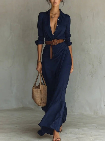 Button-Front Ruched Maxi Shirt Dress – Long Sleeve Belted Waist
