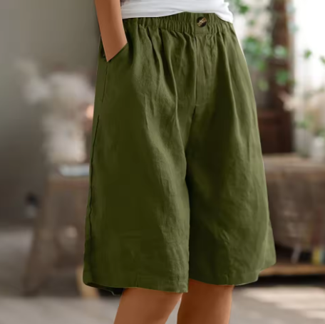 Linen Wide-Leg Shorts – Elastic Waist Knee-Length Summer Shorts