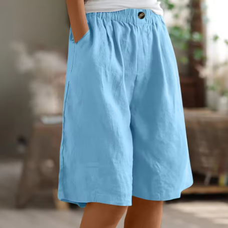 Linen Wide-Leg Shorts – Elastic Waist Knee-Length Summer Shorts