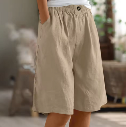 Linen Wide-Leg Shorts – Elastic Waist Knee-Length Summer Shorts