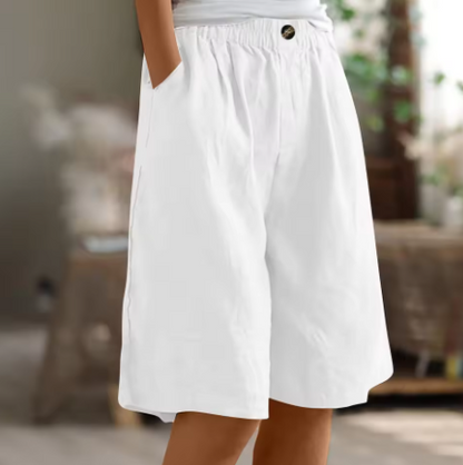 Linen Wide-Leg Shorts – Elastic Waist Knee-Length Summer Shorts
