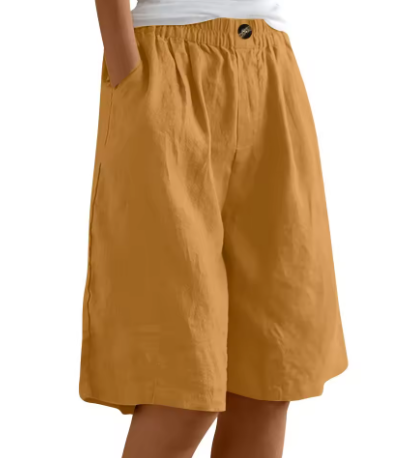 Linen Wide-Leg Shorts – Elastic Waist Knee-Length Summer Shorts