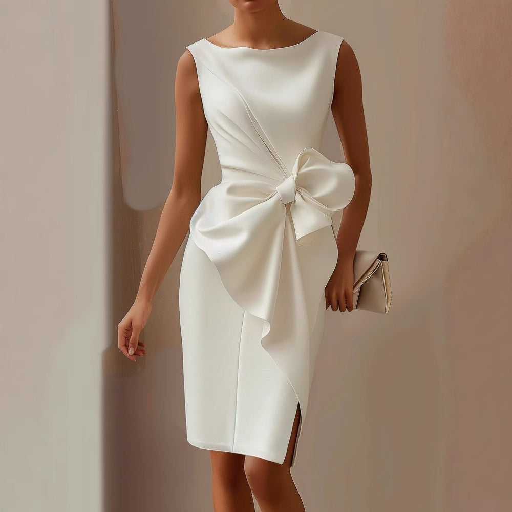 Sleeveless Pencil Midi Dress – Boat Neck Side Bow Detail