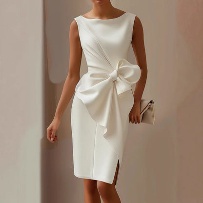 Sleeveless Pencil Midi Dress – Boat Neck Side Bow Detail