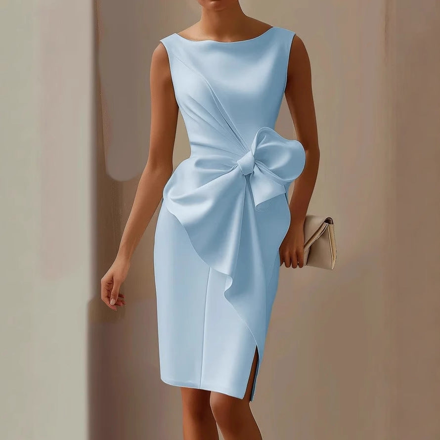 Sleeveless Pencil Midi Dress – Boat Neck Side Bow Detail