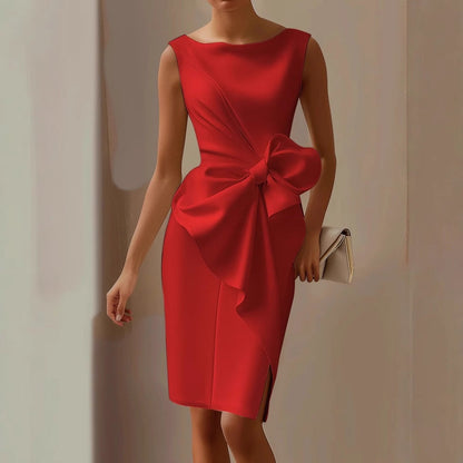 Sleeveless Pencil Midi Dress – Boat Neck Side Bow Detail