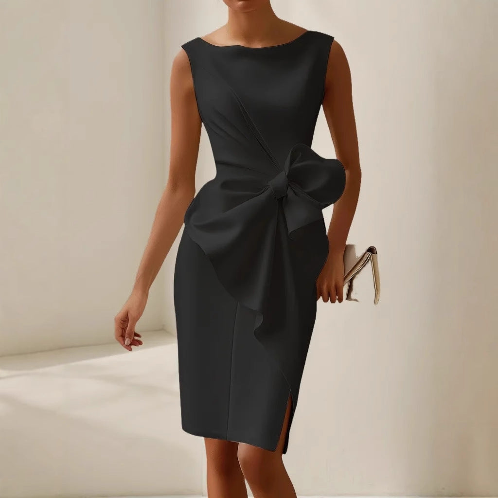 Sleeveless Pencil Midi Dress – Boat Neck Side Bow Detail