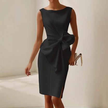 Sleeveless Pencil Midi Dress – Boat Neck Side Bow Detail