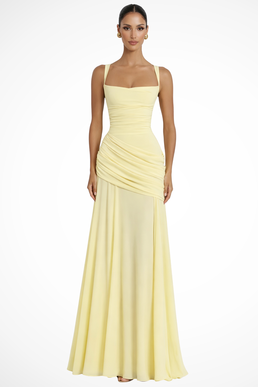 Ruched Square Neck Maxi Dress – Draped A-Line Formal Gown