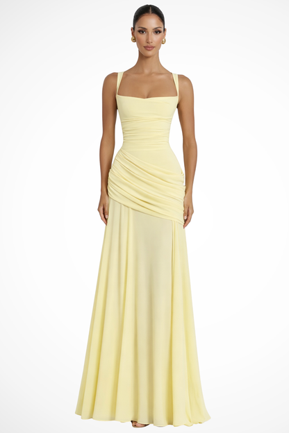 Ruched Square Neck Maxi Dress – Draped A-Line Formal Gown