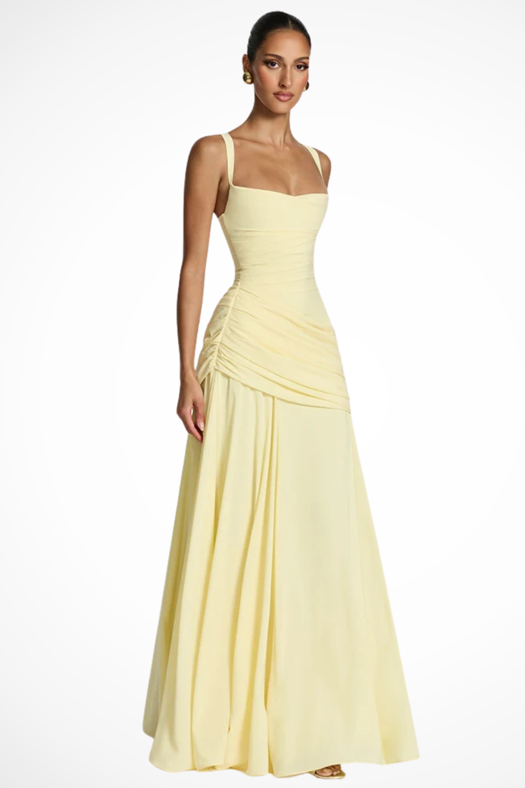 Ruched Square Neck Maxi Dress – Draped A-Line Formal Gown