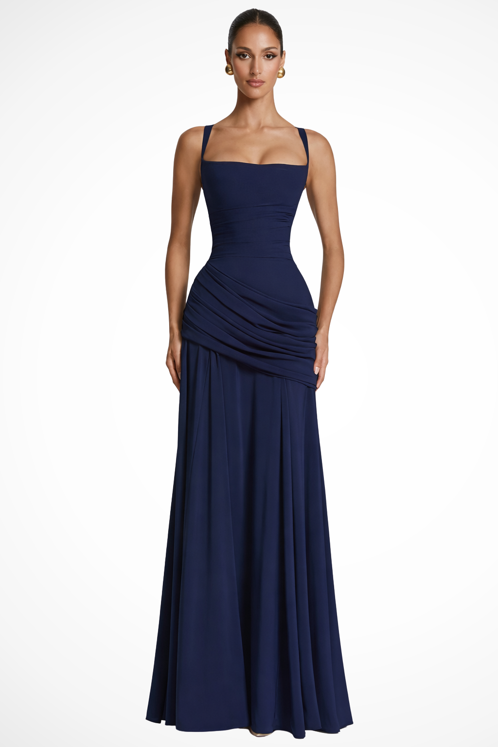 Ruched Square Neck Maxi Dress – Draped A-Line Formal Gown