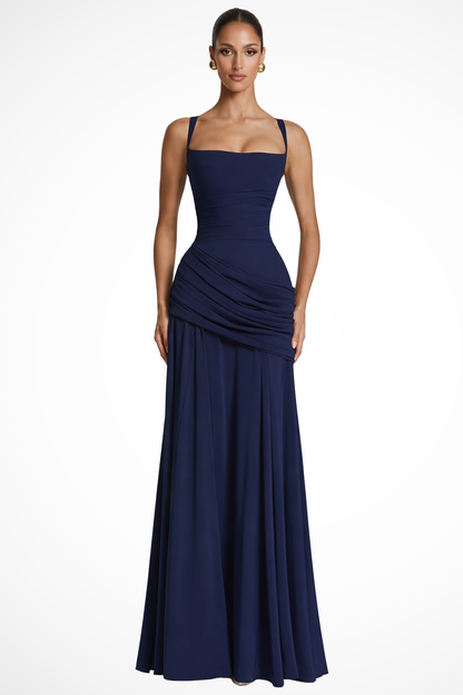 Ruched Square Neck Maxi Dress – Draped A-Line Formal Gown