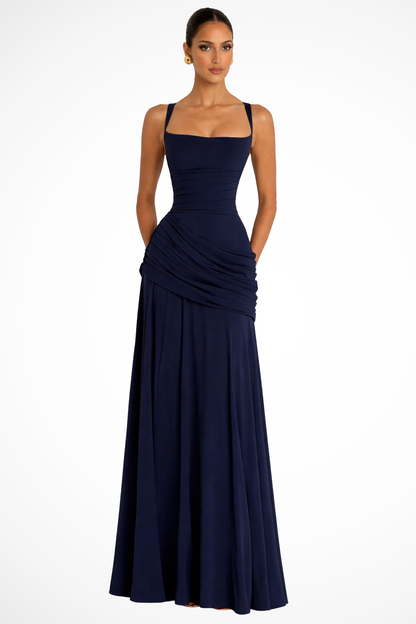 Ruched Square Neck Maxi Dress – Draped A-Line Formal Gown