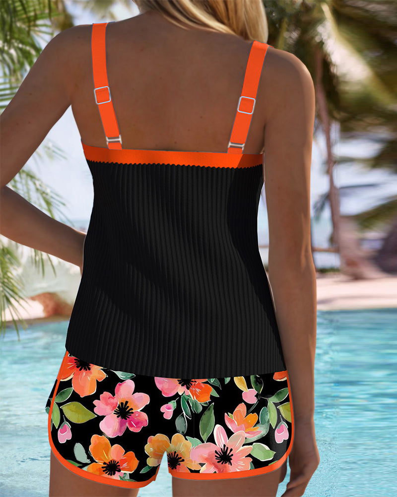 Ribbed Tankini Set with Swim Shorts – Floral Two-Piece Swimsuit