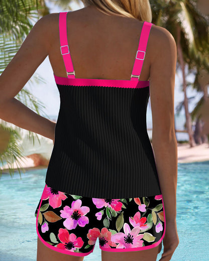 Ribbed Tankini Set with Swim Shorts – Floral Two-Piece Swimsuit