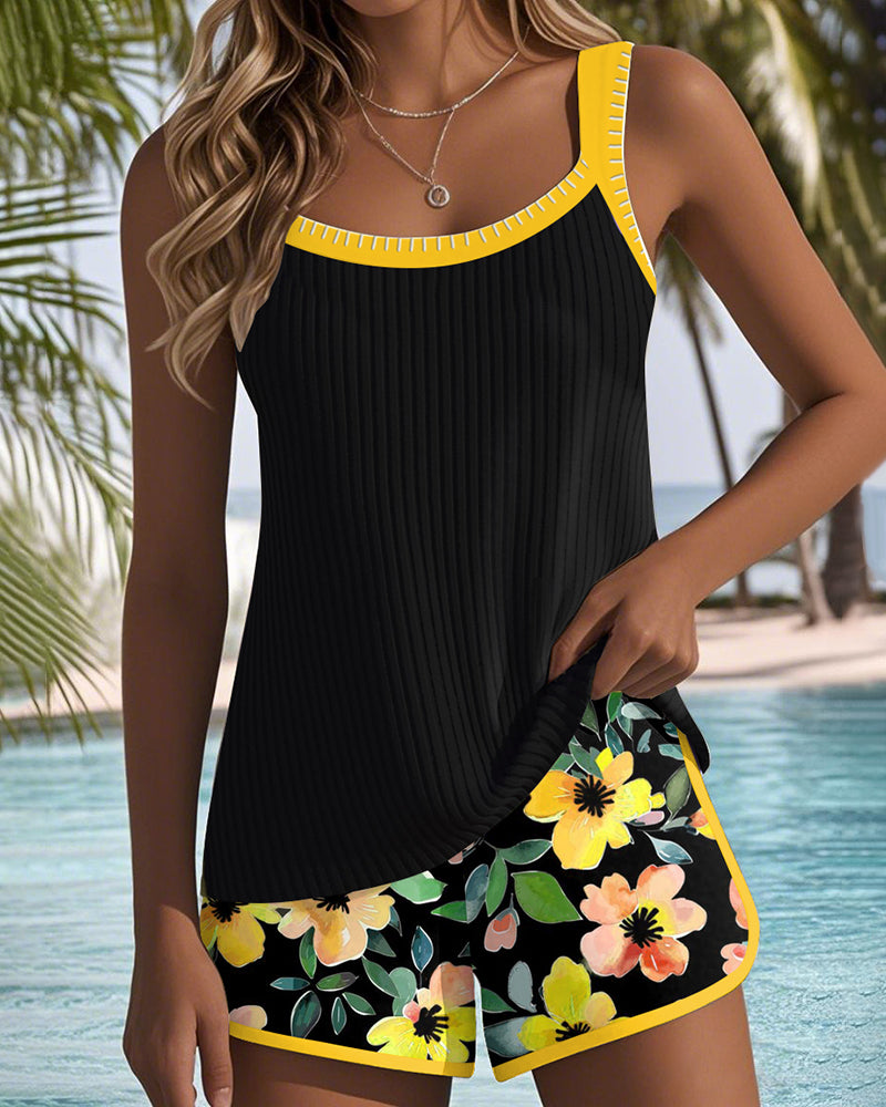 Ribbed Tankini Set with Swim Shorts – Floral Two-Piece Swimsuit