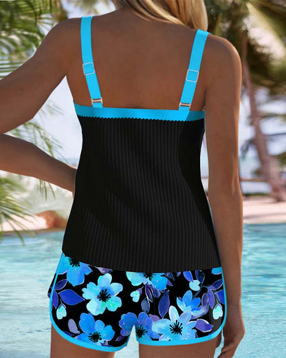Ribbed Tankini Set with Swim Shorts – Floral Two-Piece Swimsuit