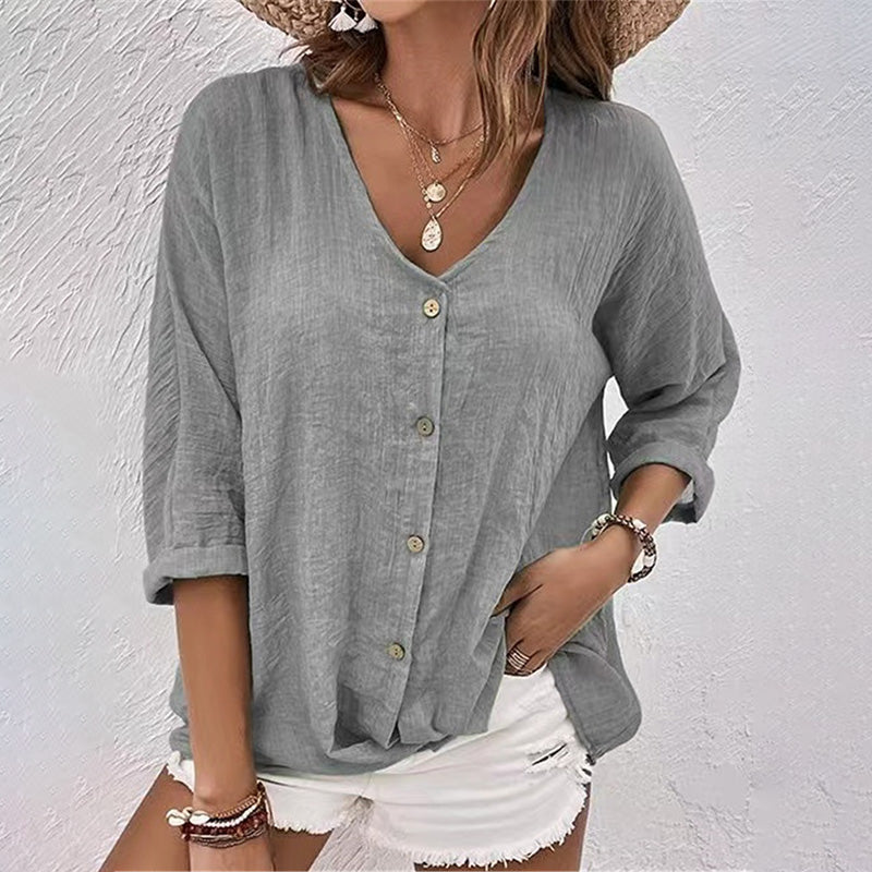 Linen-Look V-Neck Blouse – Button-Front 3/4 Sleeve Relaxed Fit Top