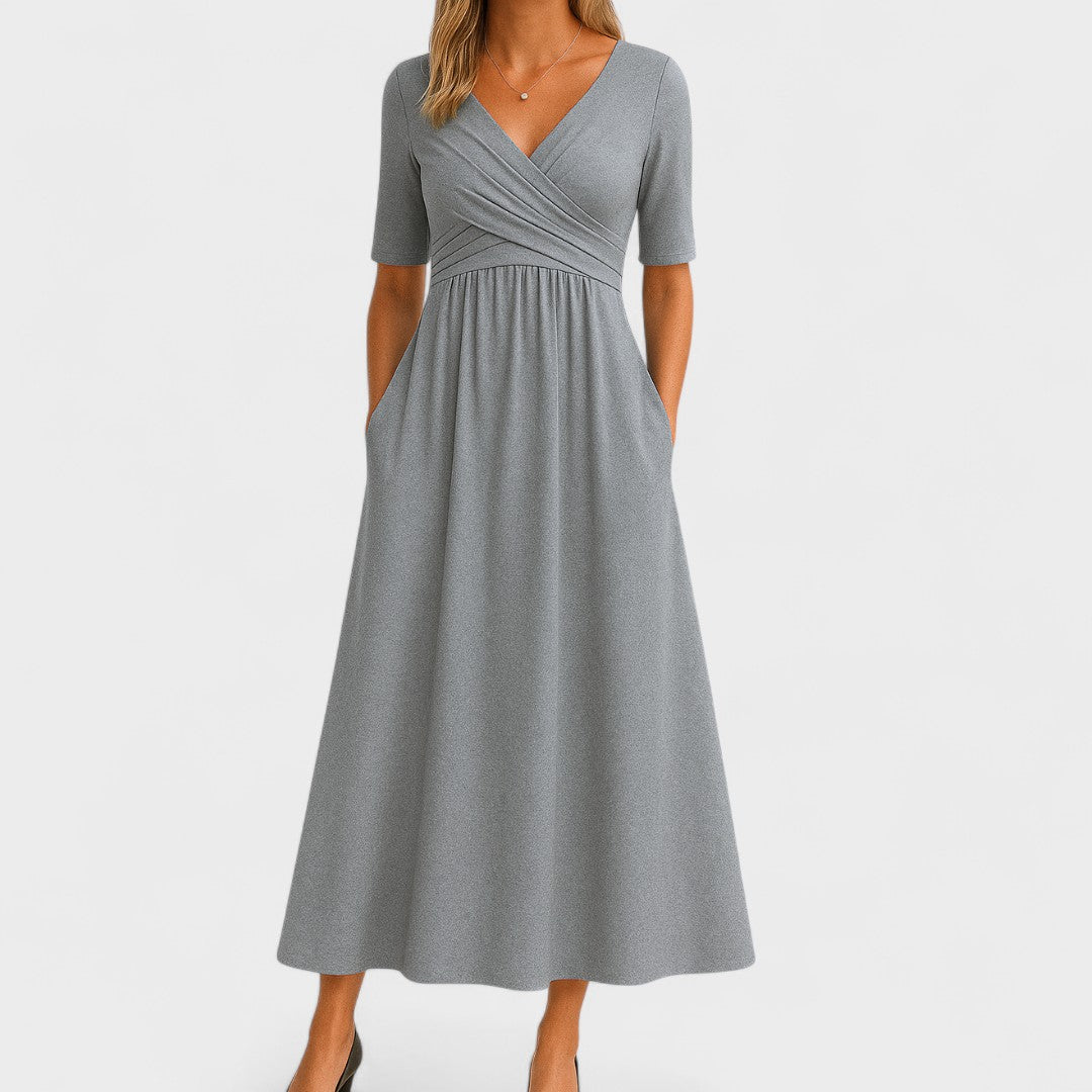 Wrap Front V-Neck Midi Dress – A-Line Short Sleeve with Pockets