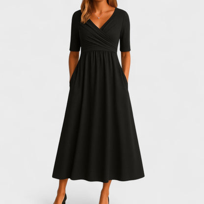 Wrap Front V-Neck Midi Dress – A-Line Short Sleeve with Pockets
