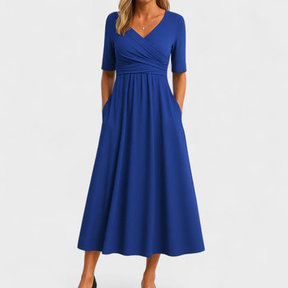 Wrap Front V-Neck Midi Dress – A-Line Short Sleeve with Pockets