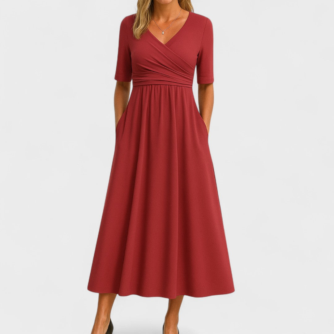 Wrap Front V-Neck Midi Dress – A-Line Short Sleeve with Pockets