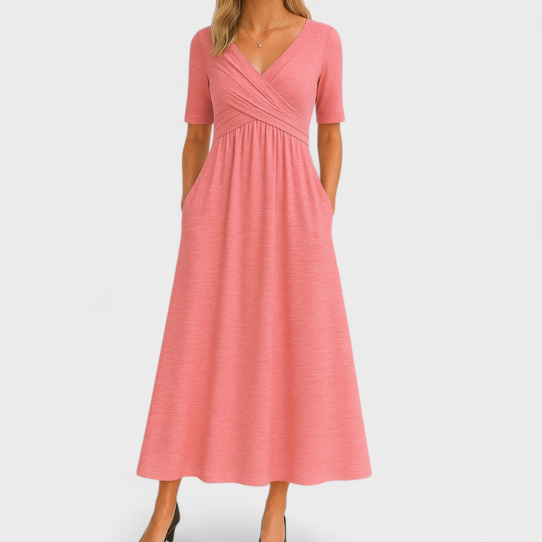 Wrap Front V-Neck Midi Dress – A-Line Short Sleeve with Pockets