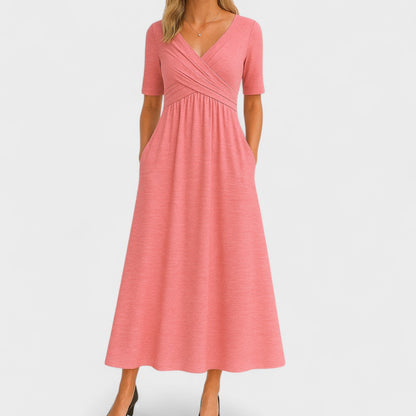 Wrap Front V-Neck Midi Dress – A-Line Short Sleeve with Pockets