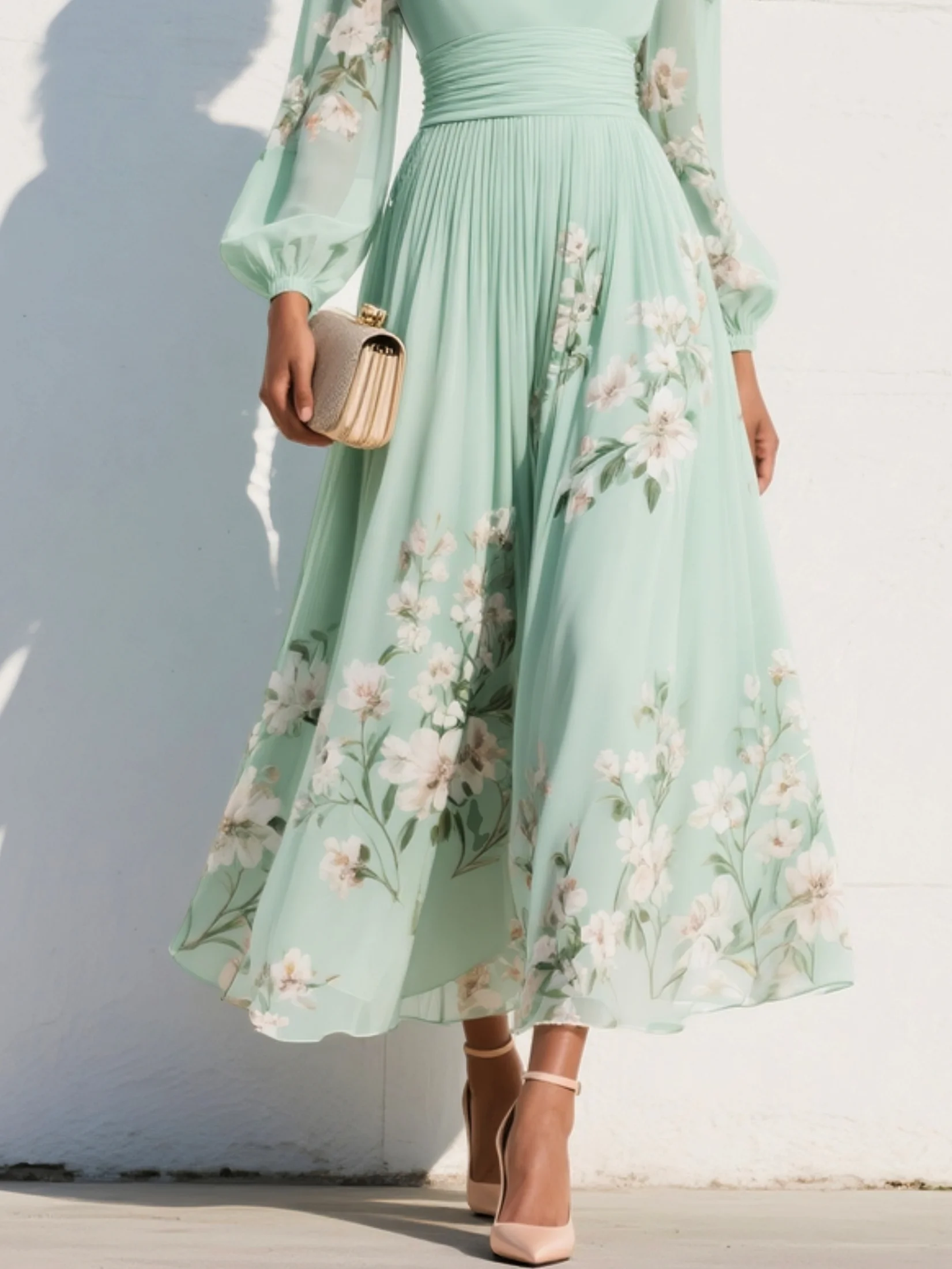 Floral Chiffon Long Sleeve Midi Dress – Pleated V-Neck A-Line